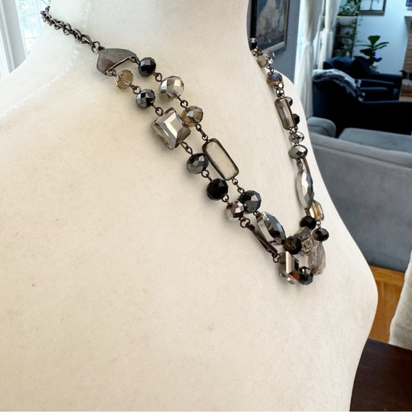 Vintage Necklace Black & Clear Glass  Plastic Faceted Beads Double Strand - Picture 4 of 7